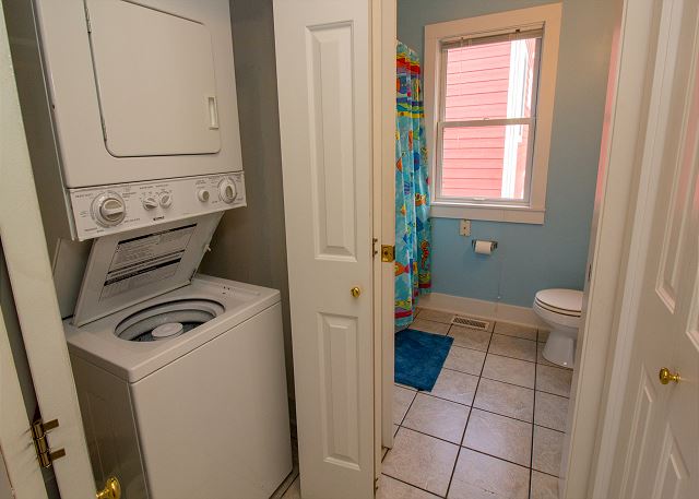 Stacking Kenmore washer/dryer and entrance to full bathroom Stacking Kenmore washer/dryer and entrance to full bathroom