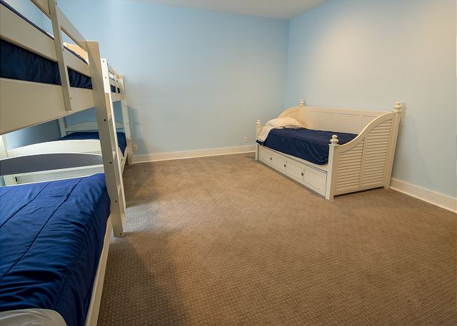 Basement | Bedroom 6 | Two Twin over Twin Bunk Beds and Daybed