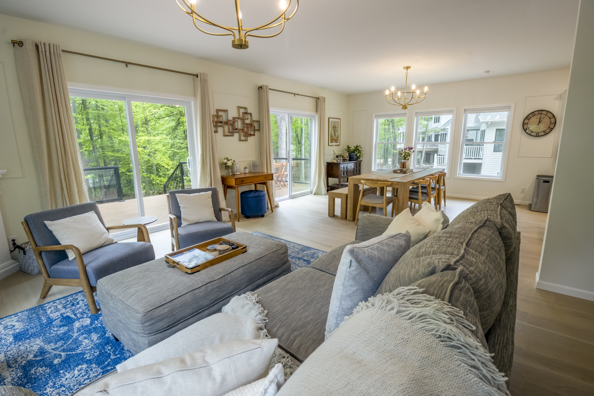 One Sweet World vacation rental back deck overlooking private fishing pond in New Buffalo Michigan