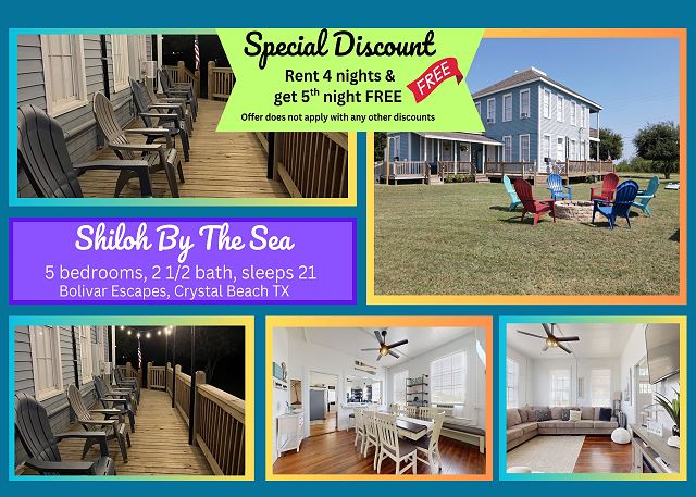 5 bedrooms, 2 1/2 bathrooms, sleeps 21 guests, and pet friendly.