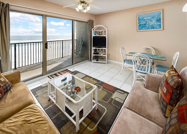 The living room view of the gulf is very nice from this third-floor, one-bedroom unit.
