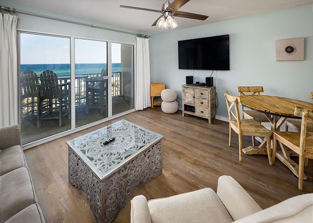 Spacious living room with amazing gulf views.