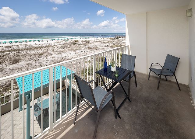 Quiet private balcony with seating for 4
