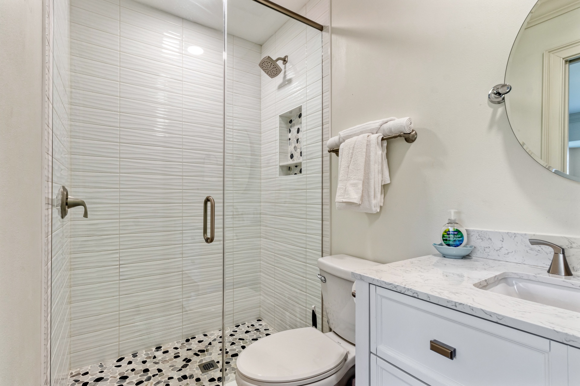 Updated bathroom with large walk-in shower