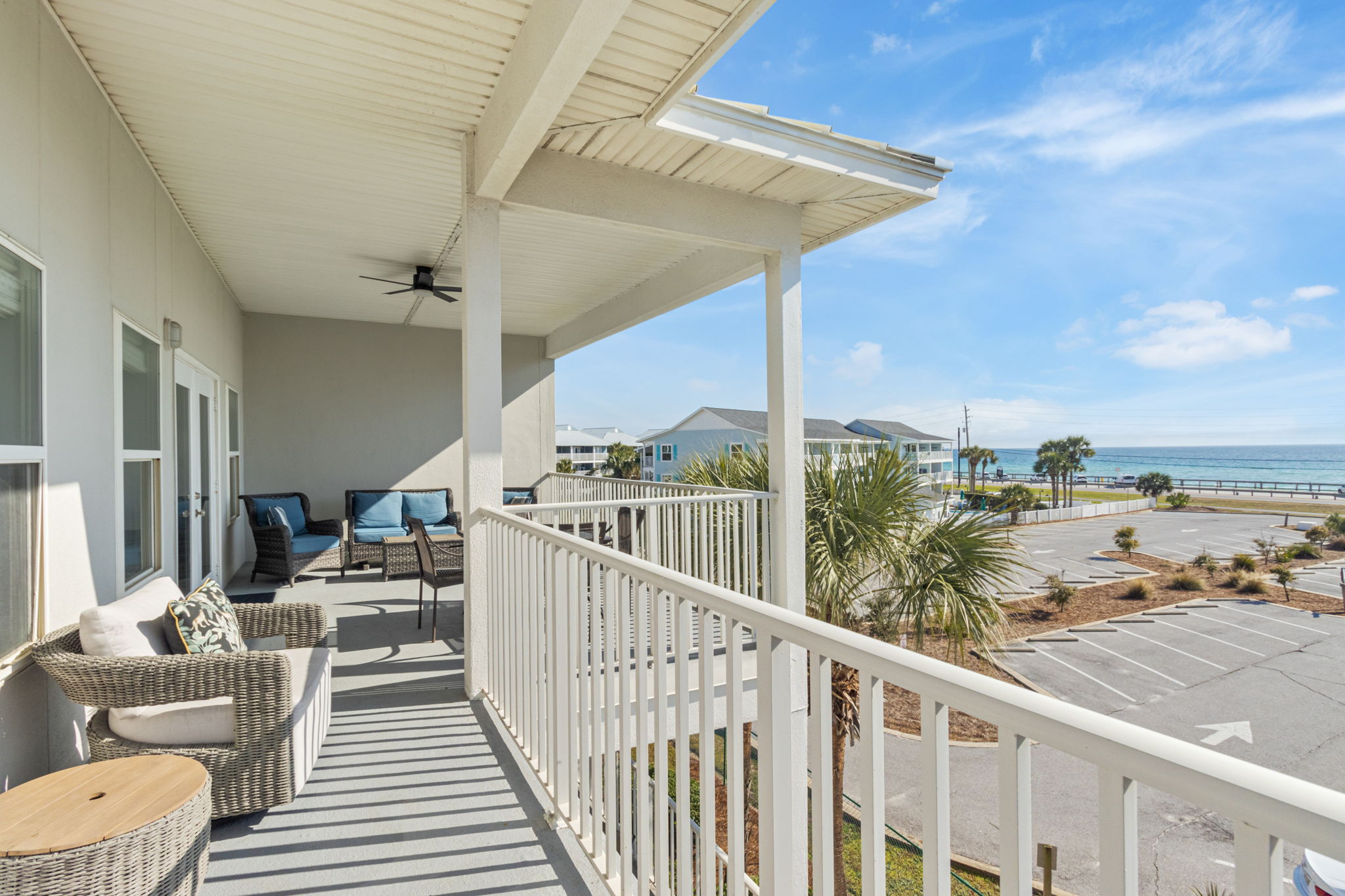 Spacious balcony with access from living area and primary bedroo