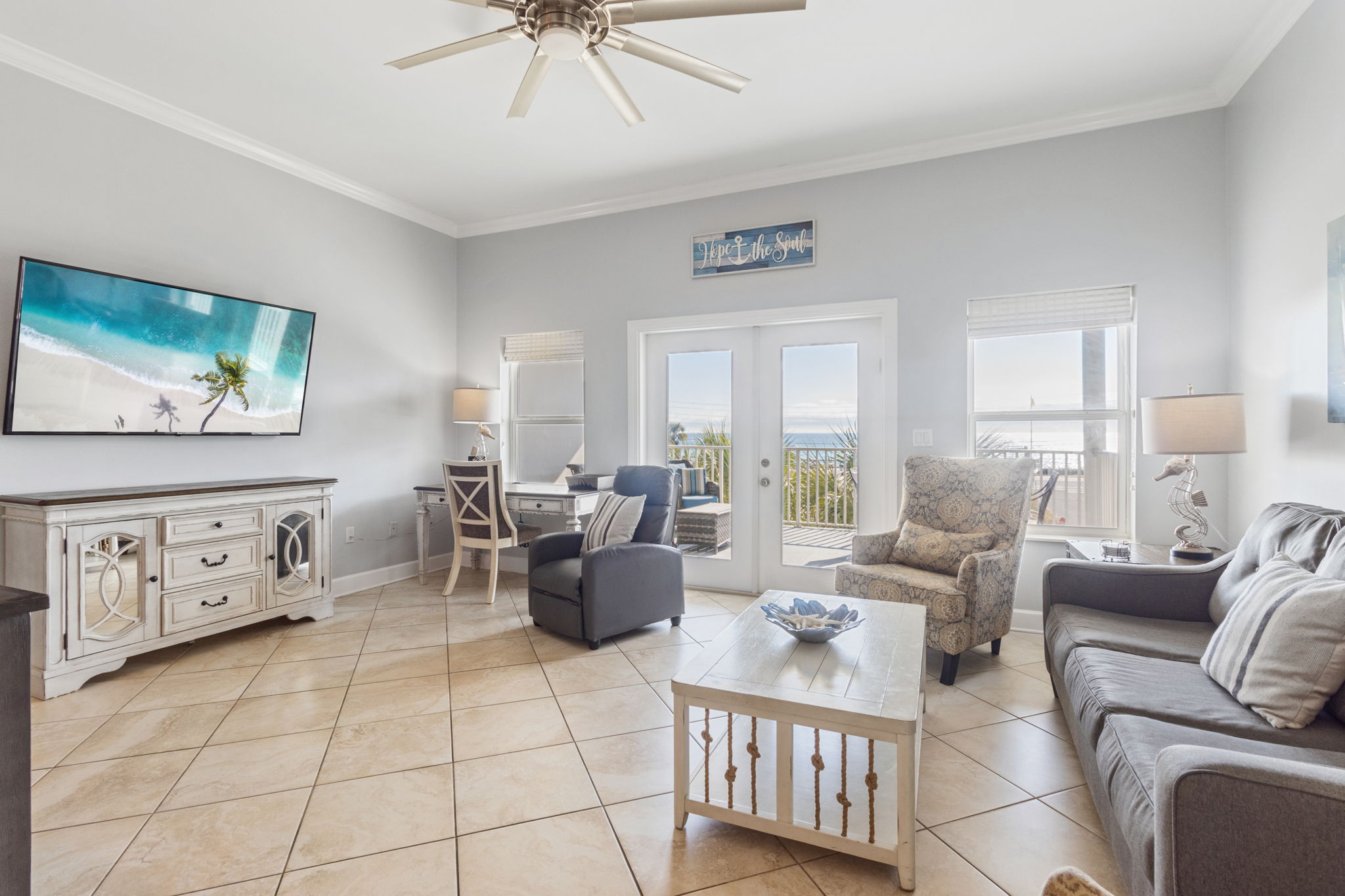 Spacious living area with large Smart TV