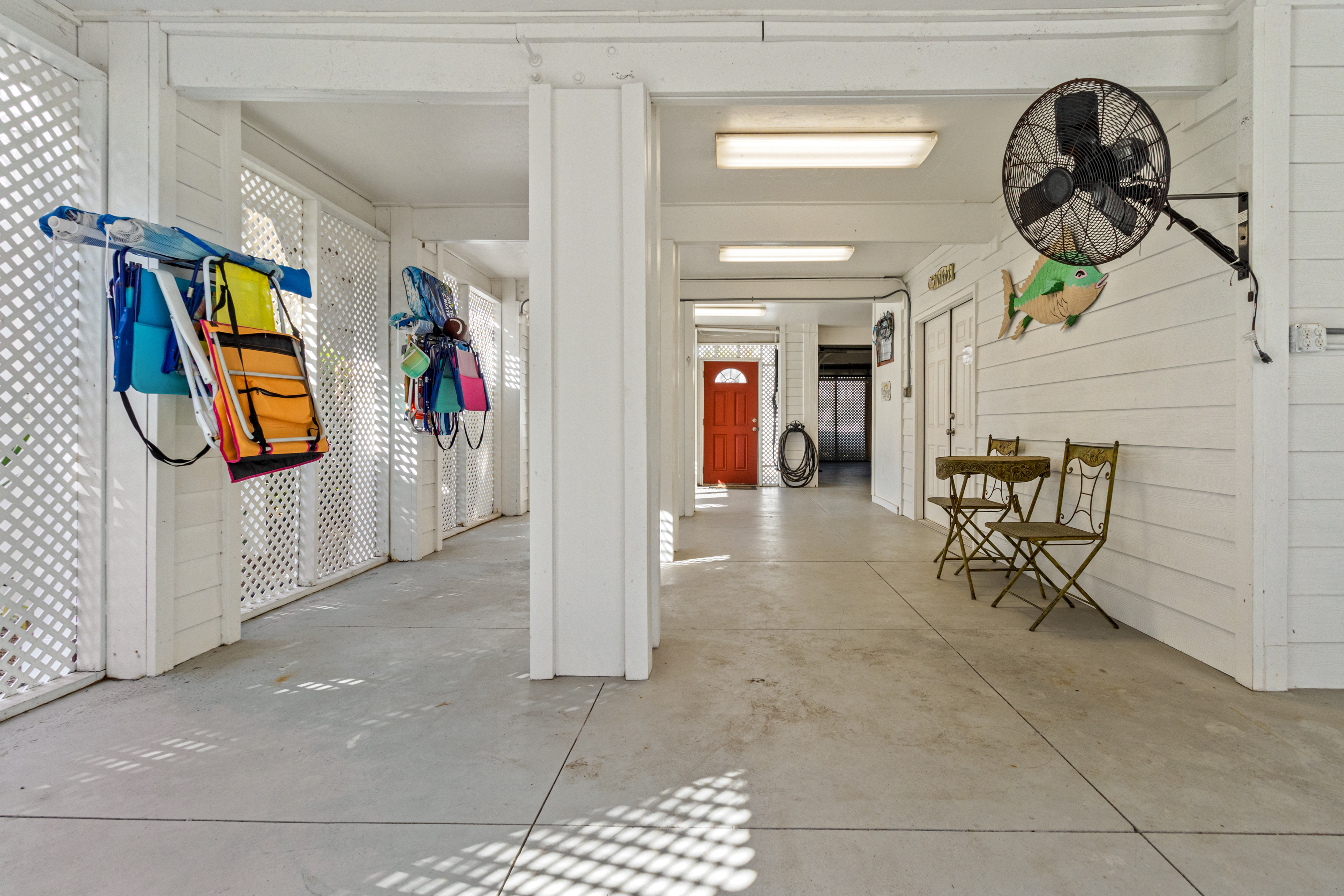Spacious garage with beach gear