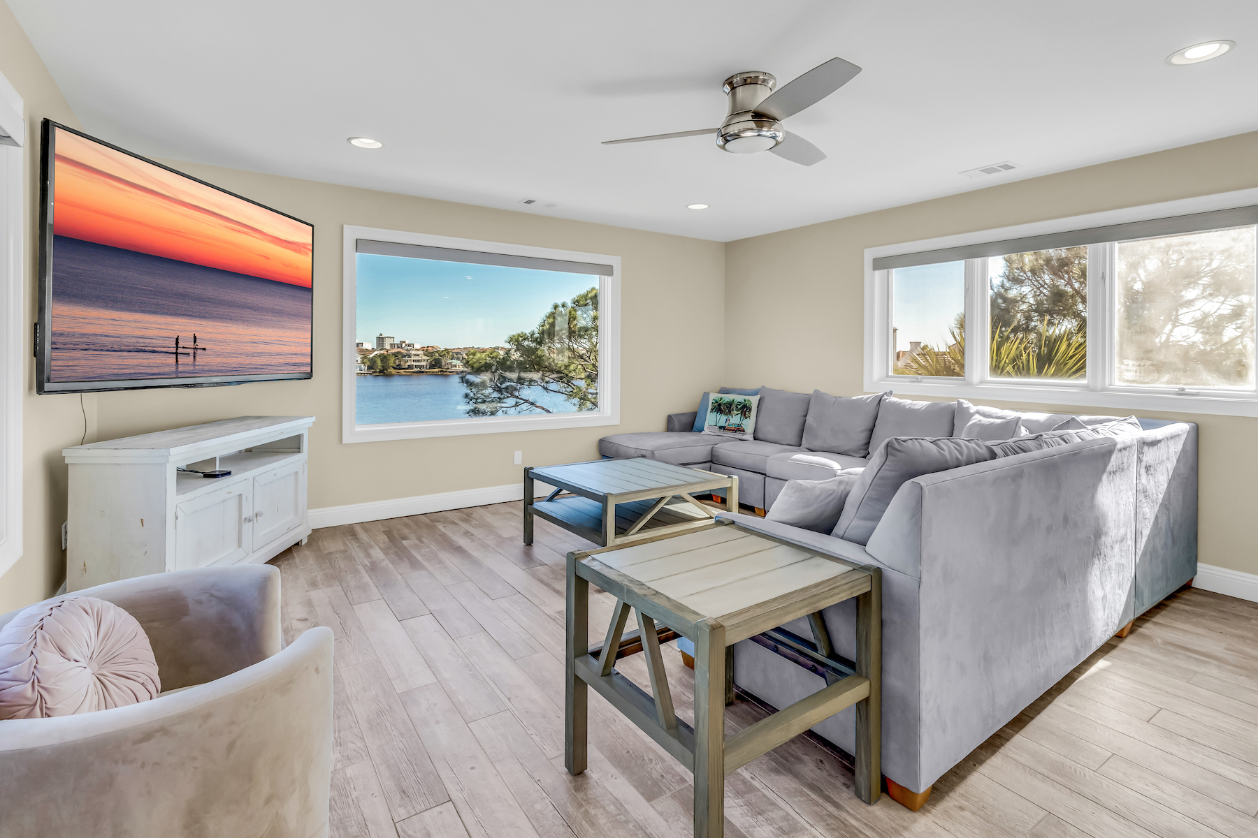 Third floor living area with lake views
