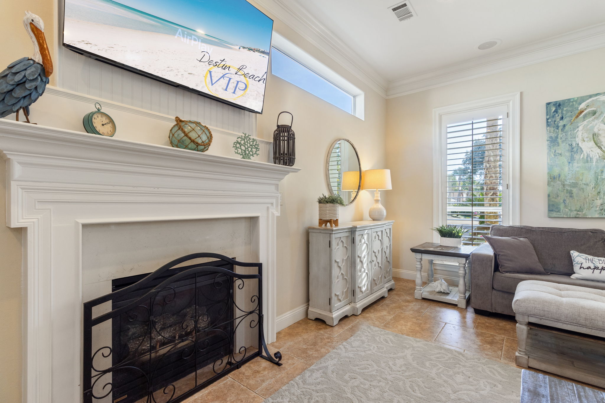 Cozy fireplace and large smart TV