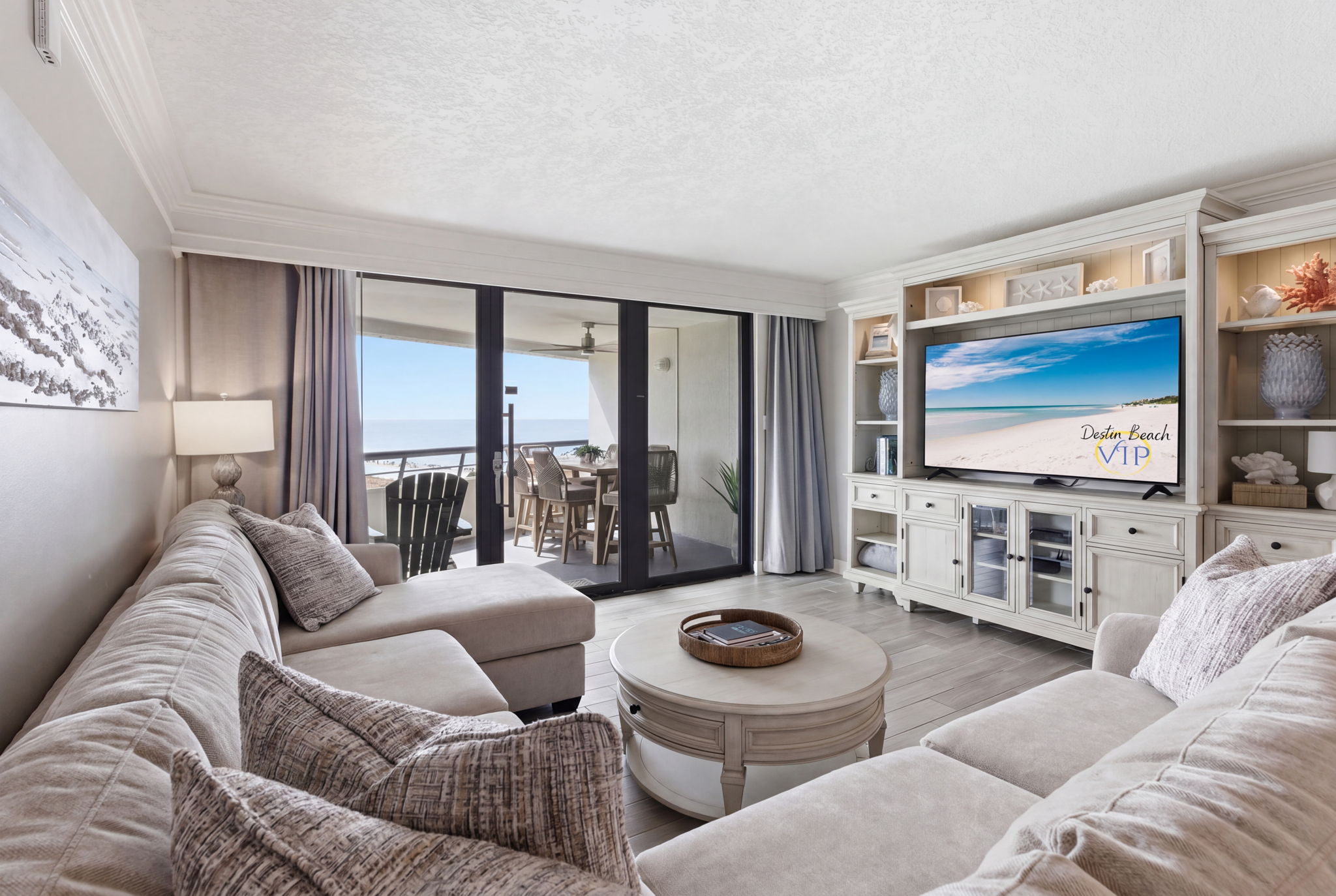 Large living are with comfortable seating and gulf views