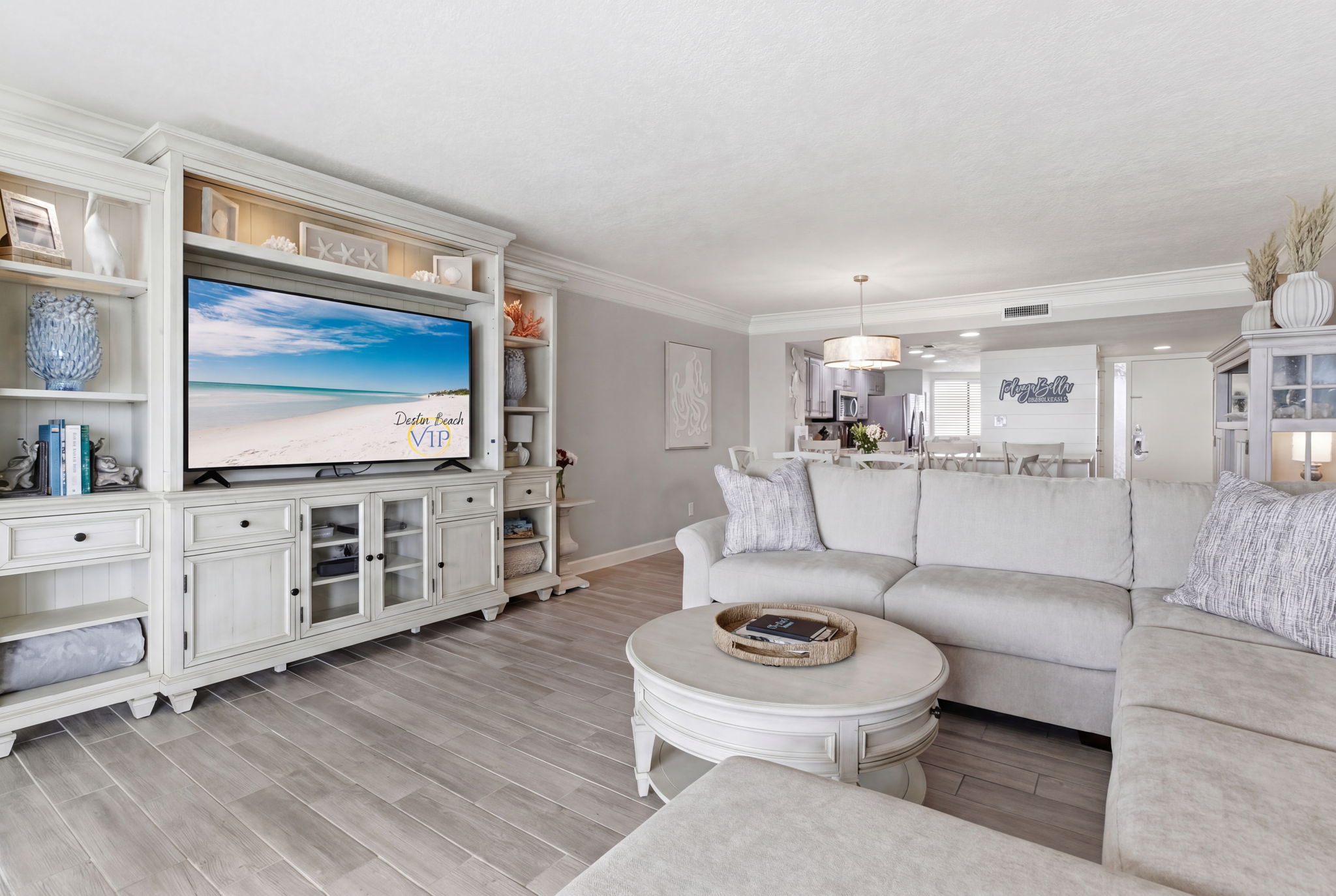 Spacious living area and large smart tv