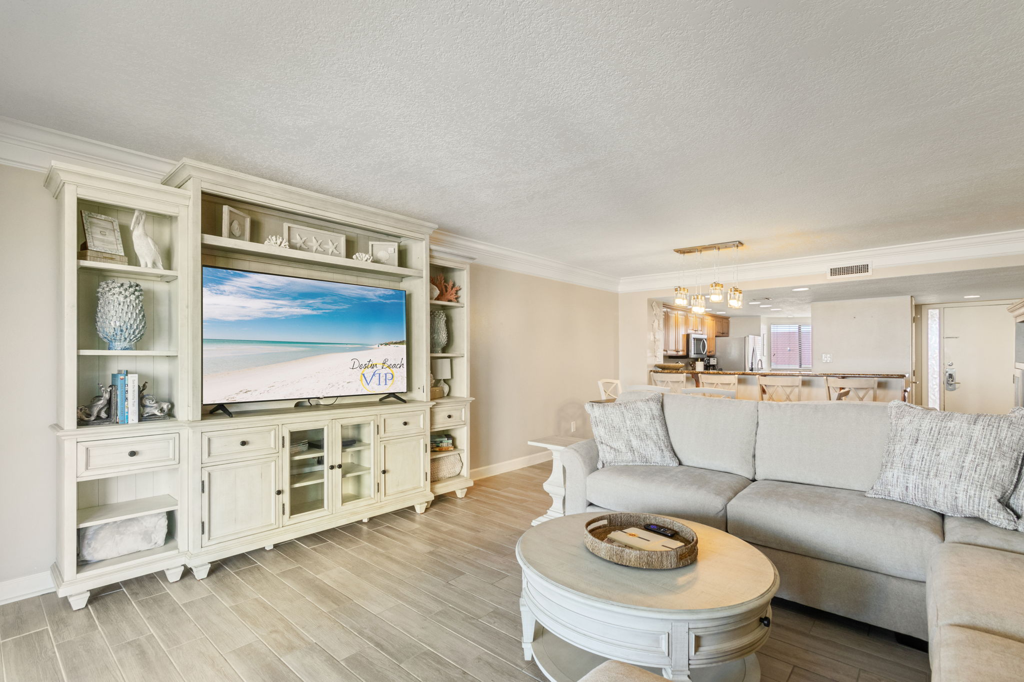 Comfortable living area with large smart TV