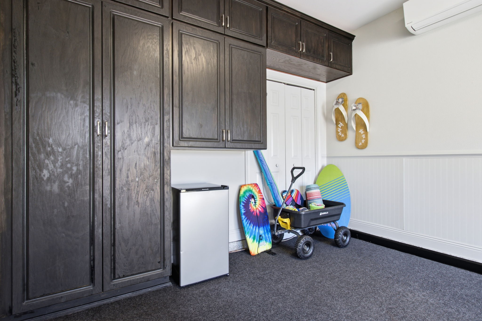 One car garage with beach gear