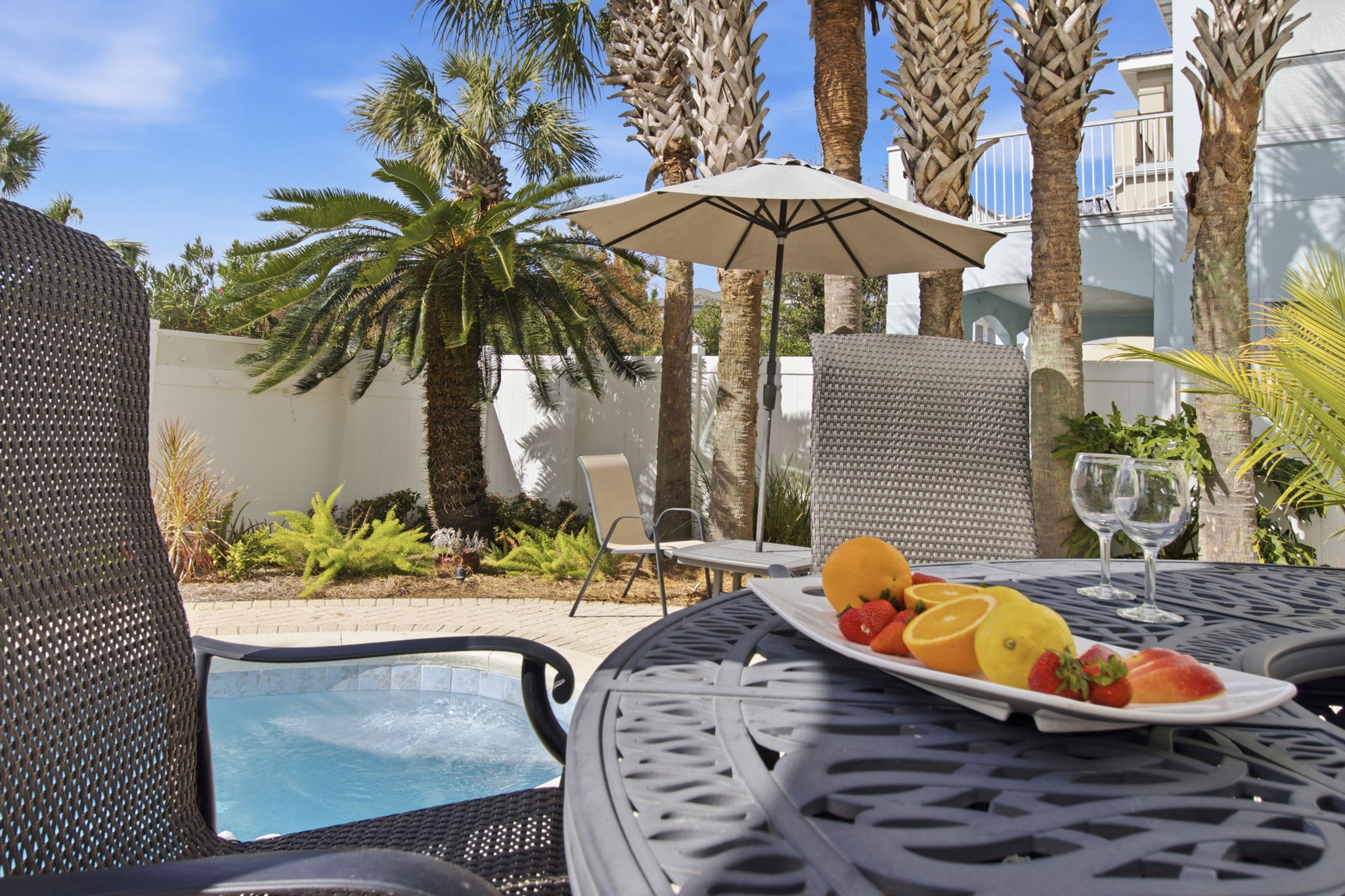 Private backyard with dining tables