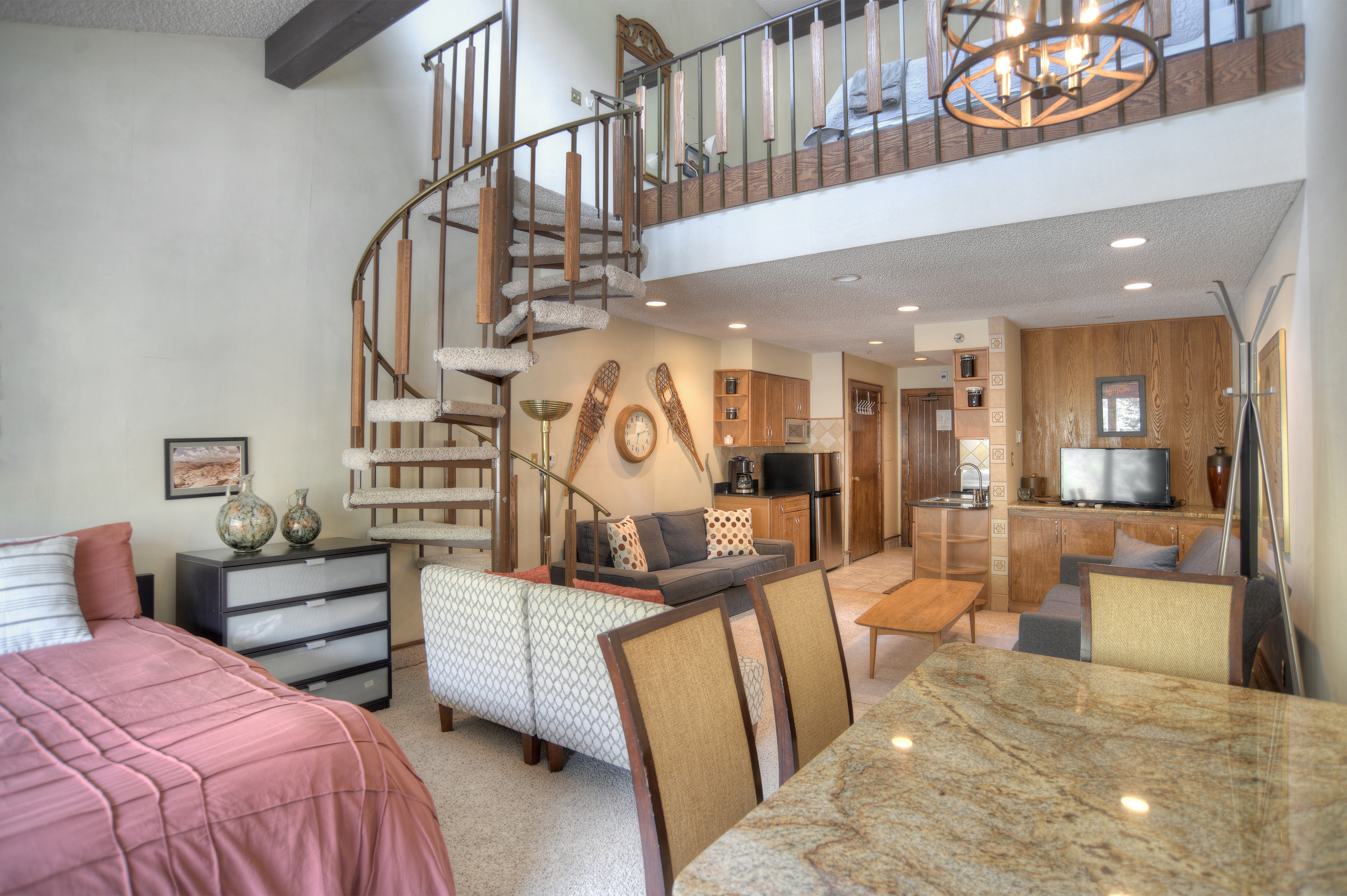 Main level Kitchen and living room with Queen bed and sofa bed