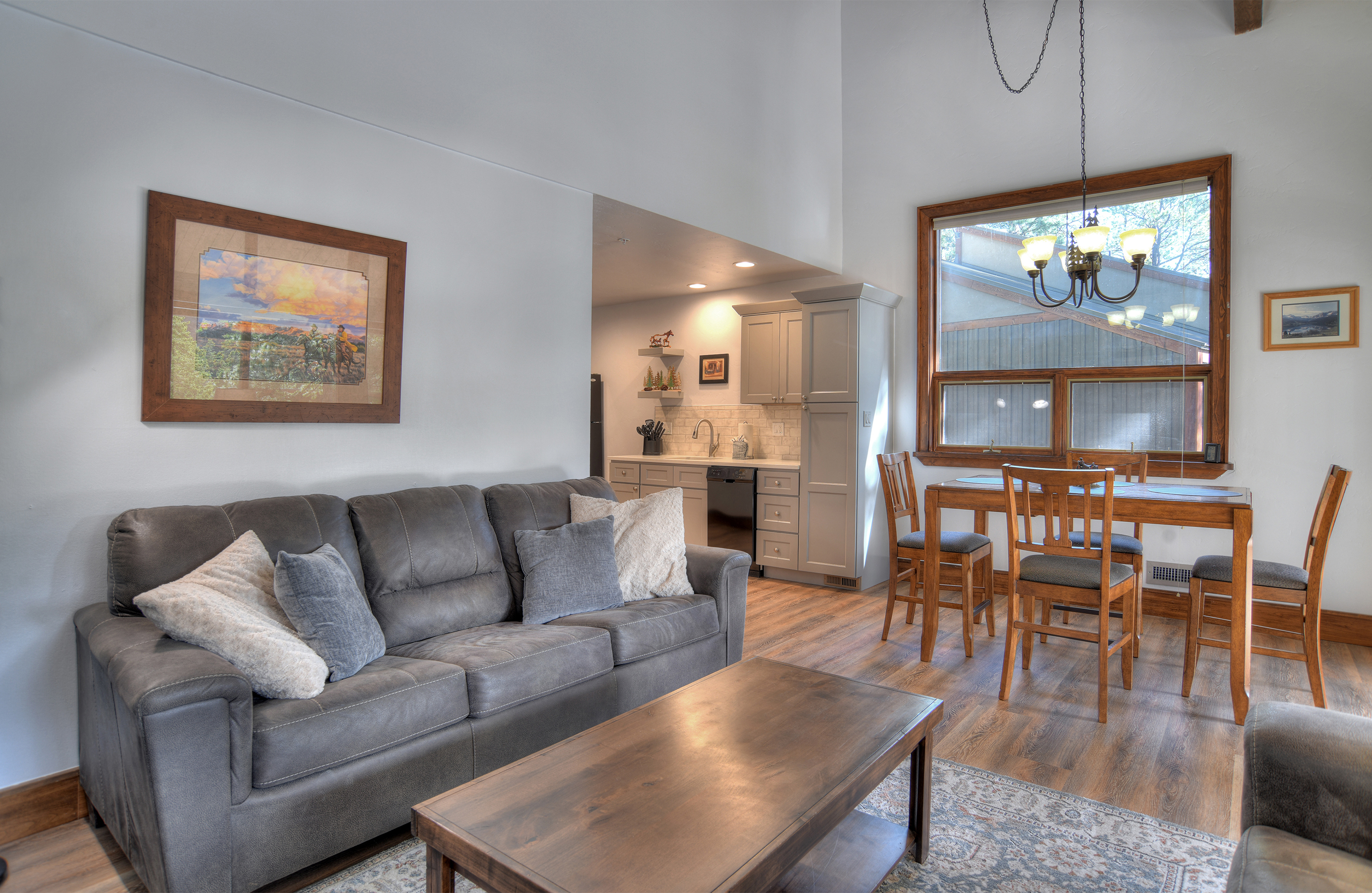 Living area with Sleeper Sofa, Fireplace, Smart TV, Natural Light, Large Deck