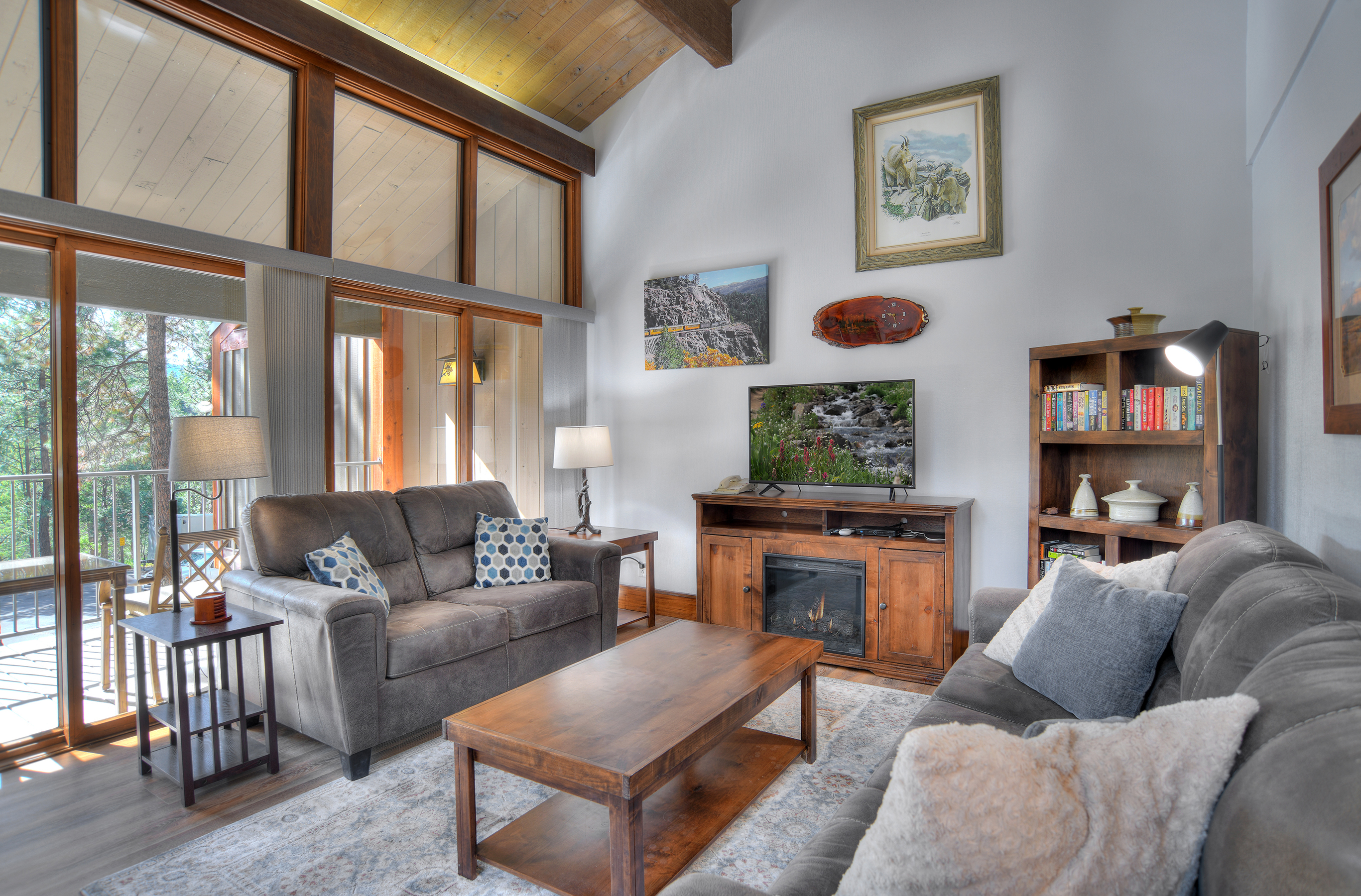 Living area with Sleeper Sofa, Fireplace, Smart TV, Natural Light, Large Deck