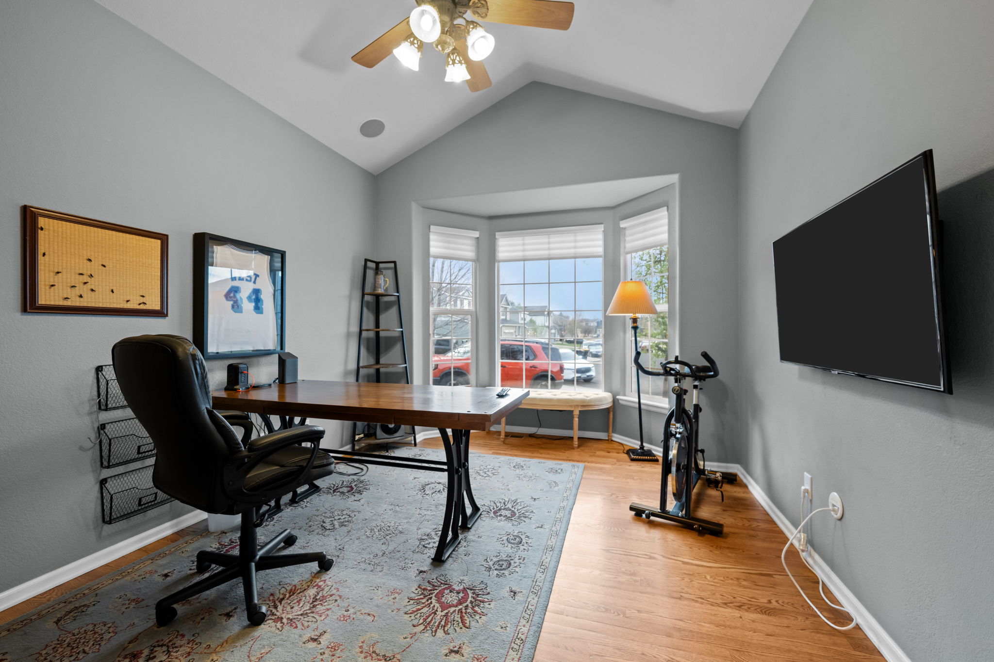 Office with stationary bike, large writing desk, TV, and stereo/record player