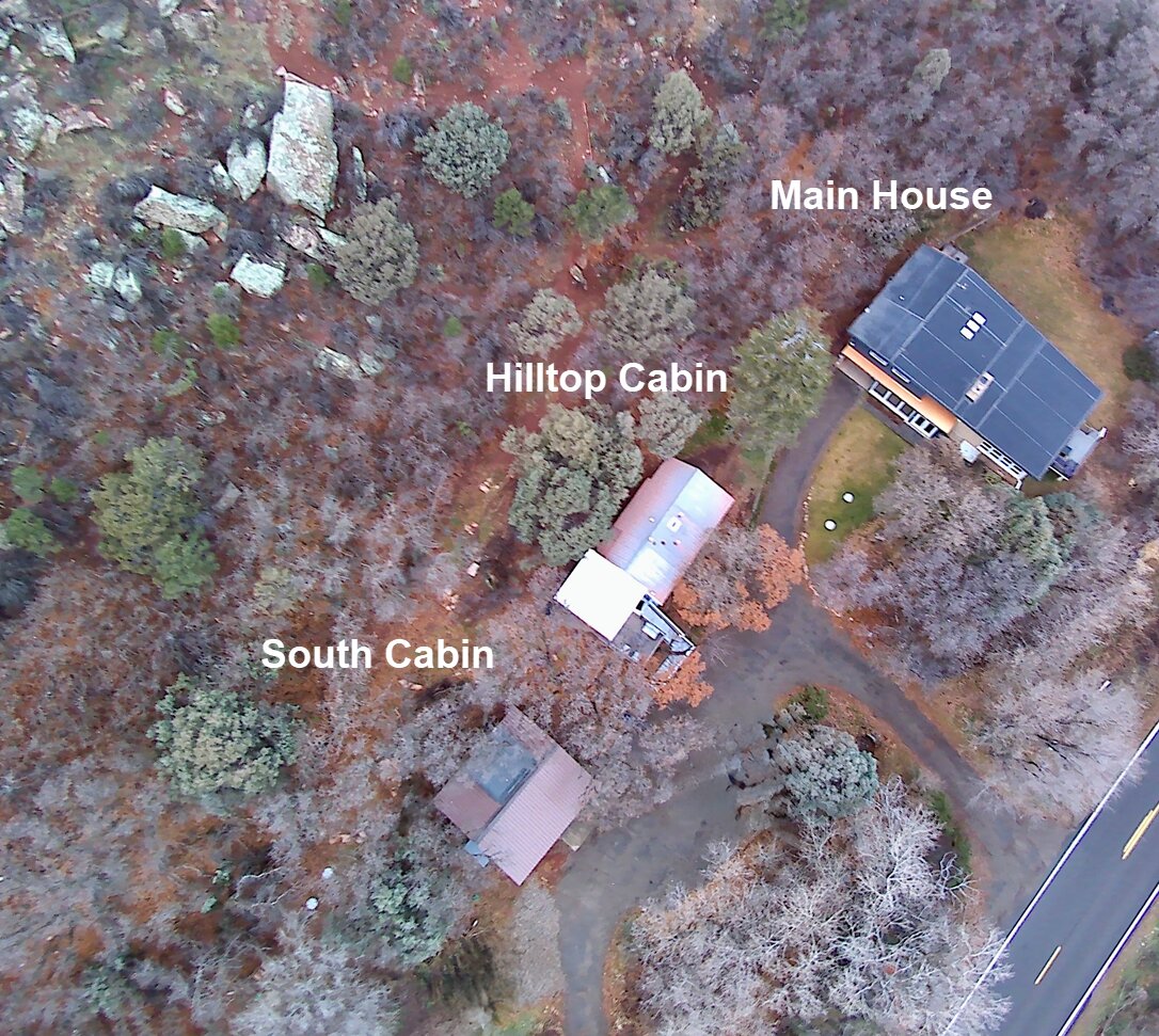Aerial View of the property. This listing is for the Hilltop Cabin.
There are not shared spaces