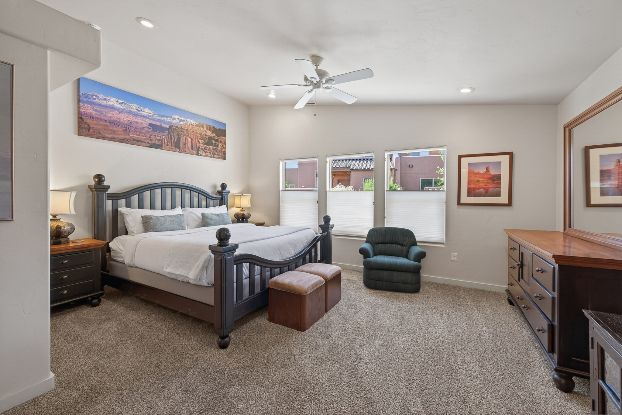 Master bedroom with king bed and attached bath