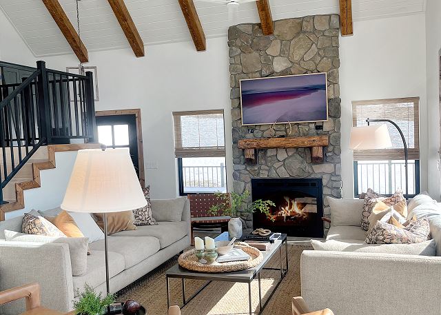 Open living room with gas fireplace