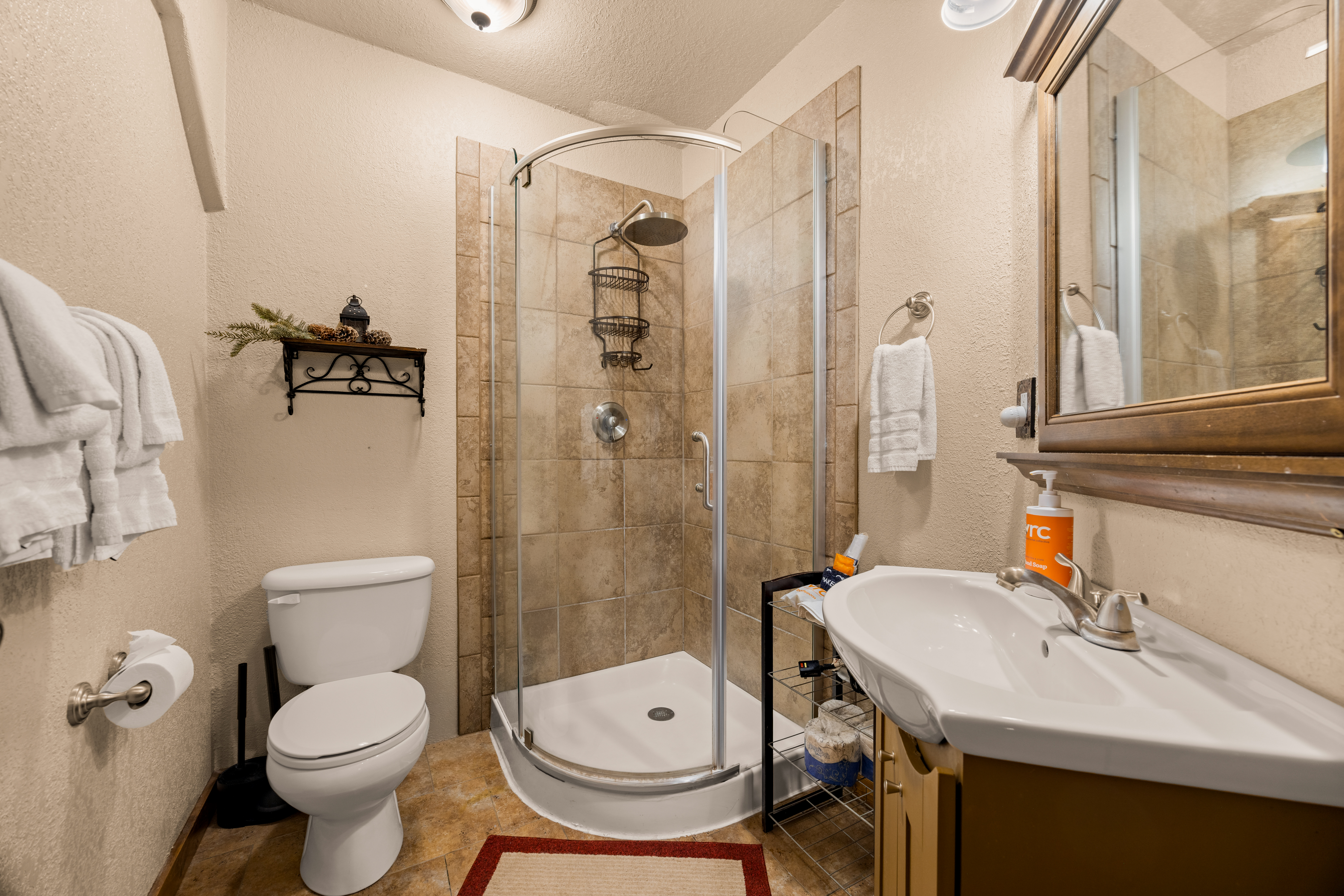 The lower level bathroom includes a walk-in shower.