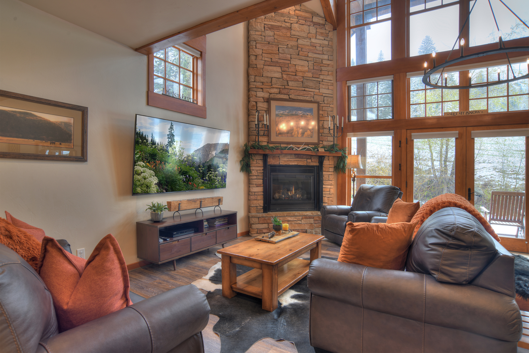 Main Living Space - TV, Gas Fireplace and Deck