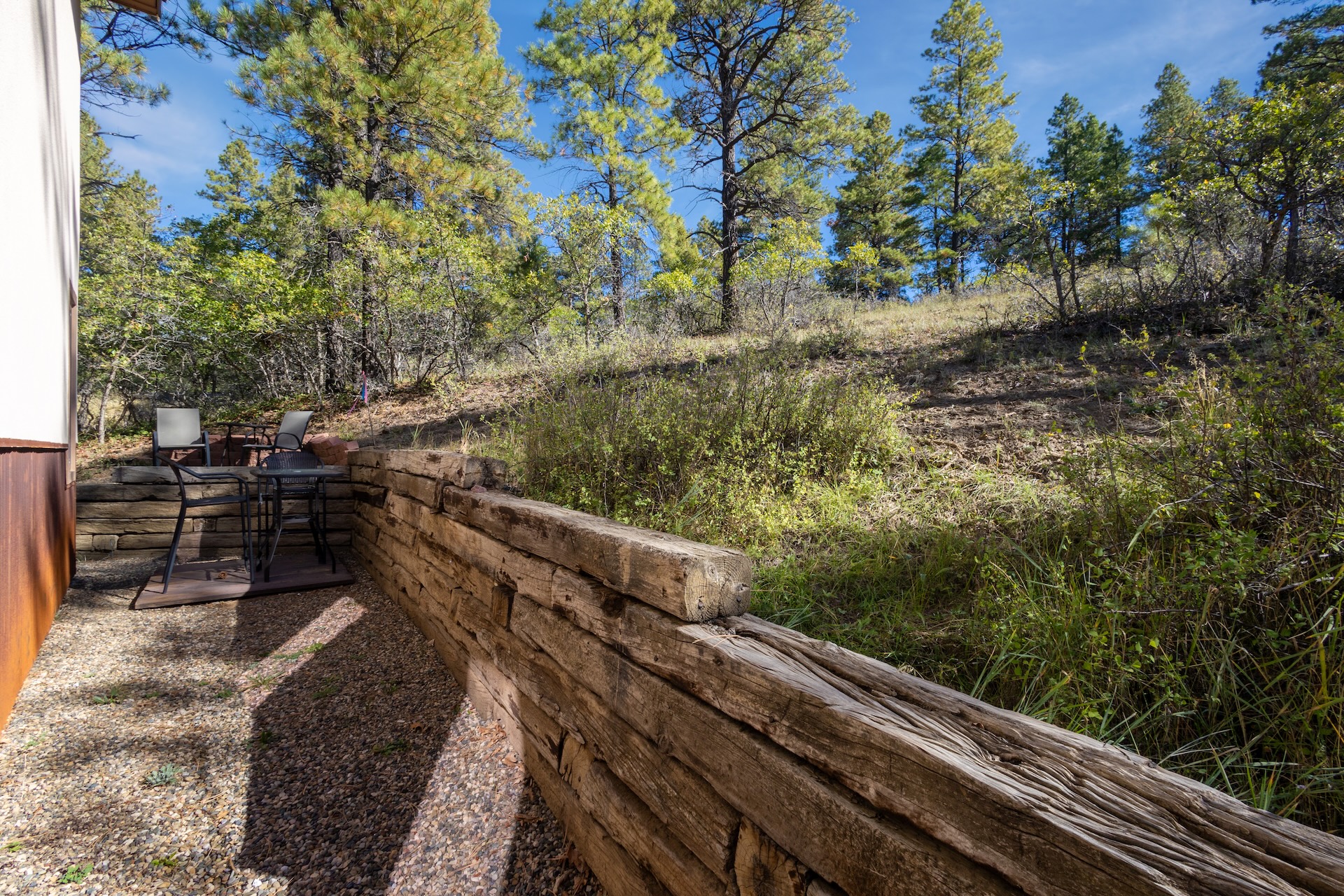 Back patio with nature surround and views of Pagosa Lake.
