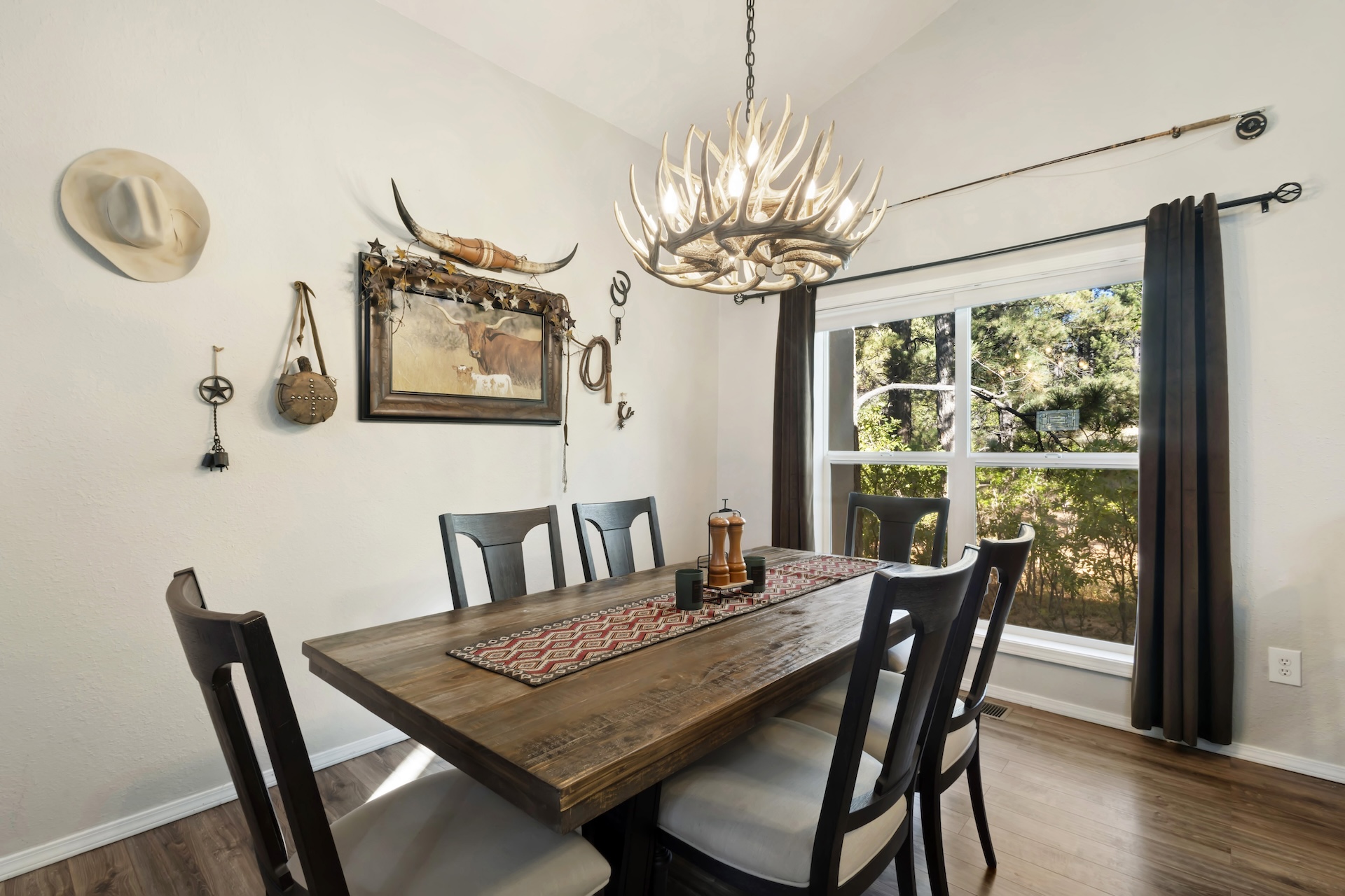 Open dining room with forest views.