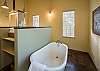 The bathroom consists of a walk-in shower and a soaking tub 