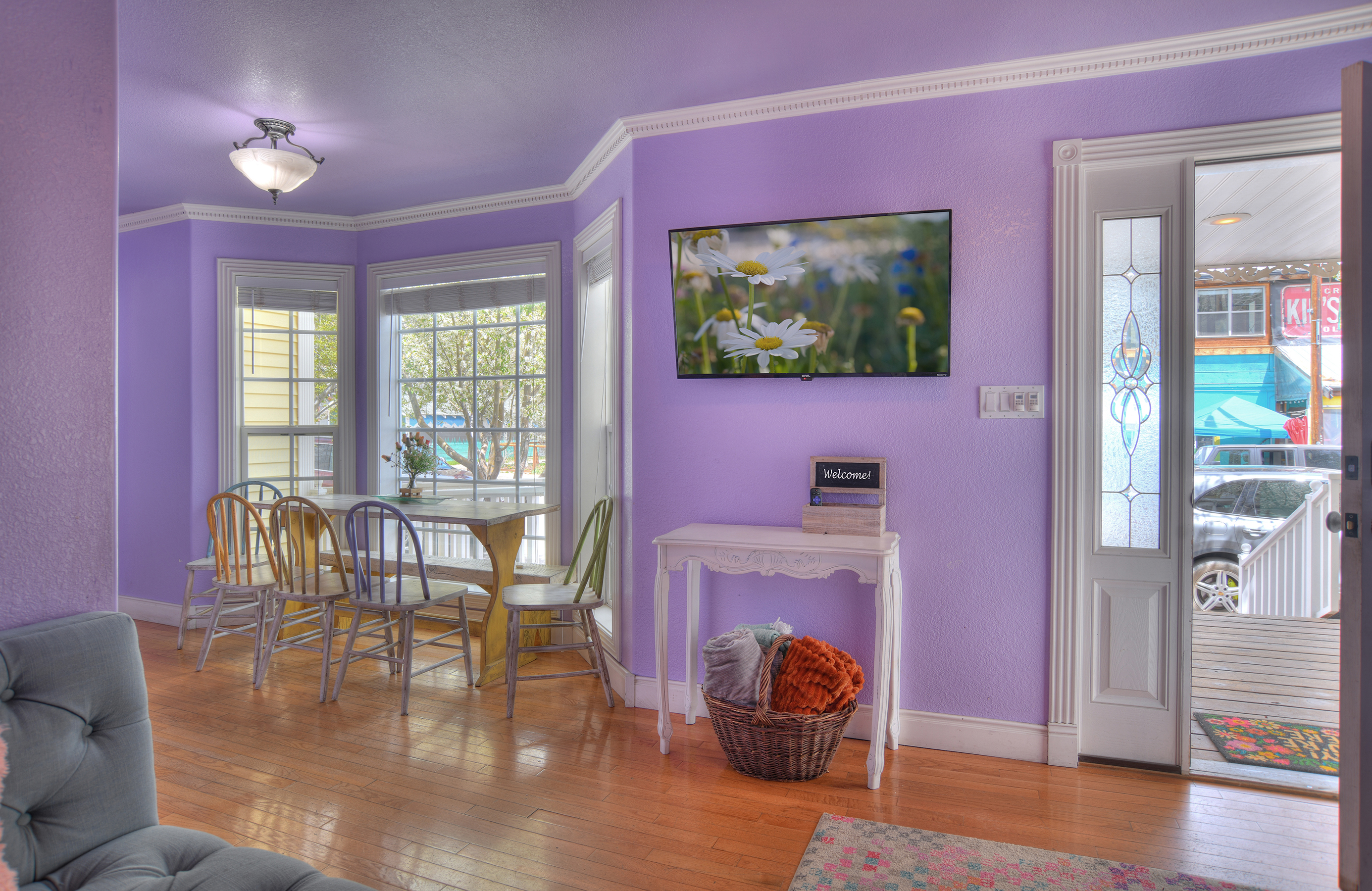 Our living room offers a Smart TV and is open to the dining area. 