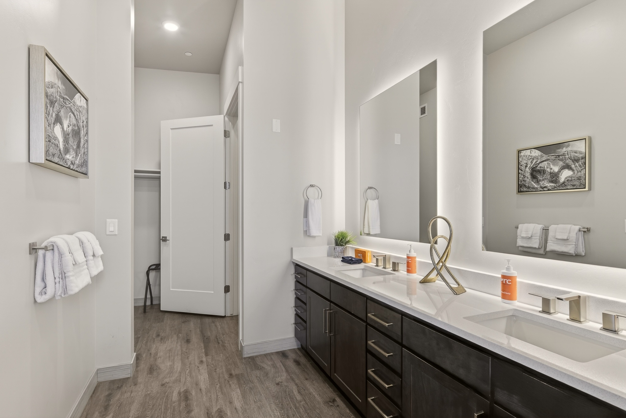 Spa-style primary bathroom with double sinks and a spacious walk-in shower.