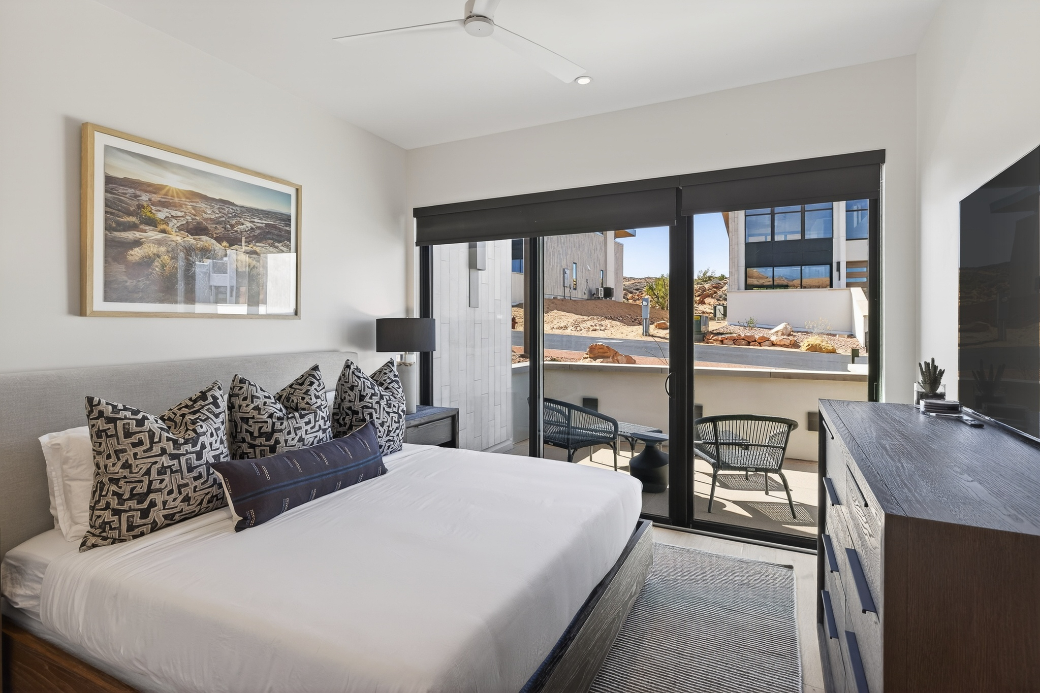 Unwind in this spacious king bedroom #2 with a Smart TV—comfort and entertainment in one. 