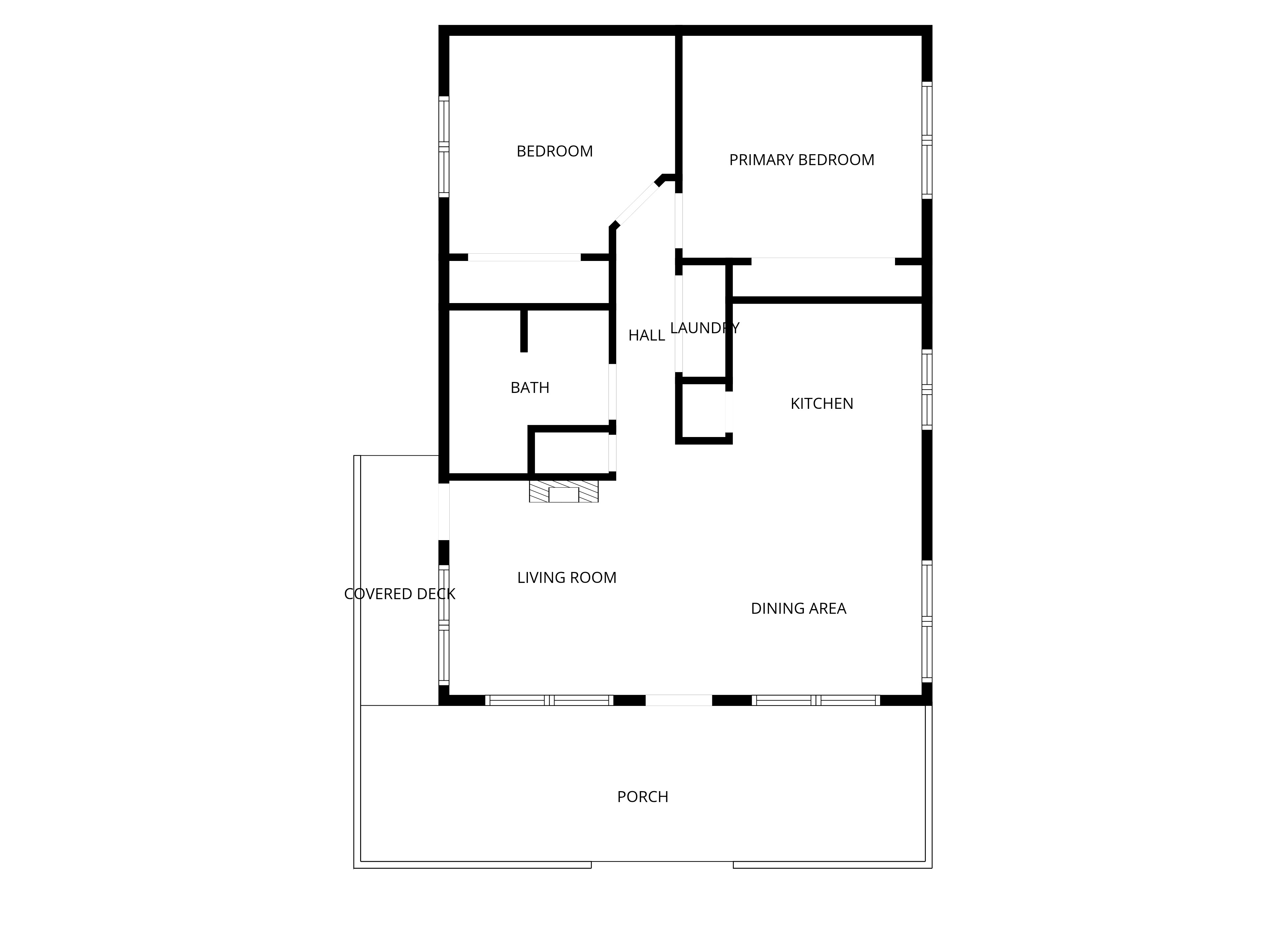 Floor plan showing the thoughtful layout of Forest Lake Cabin – 2 bedrooms, 1 bathroom, well-equipped kitchen, and open living spaces.