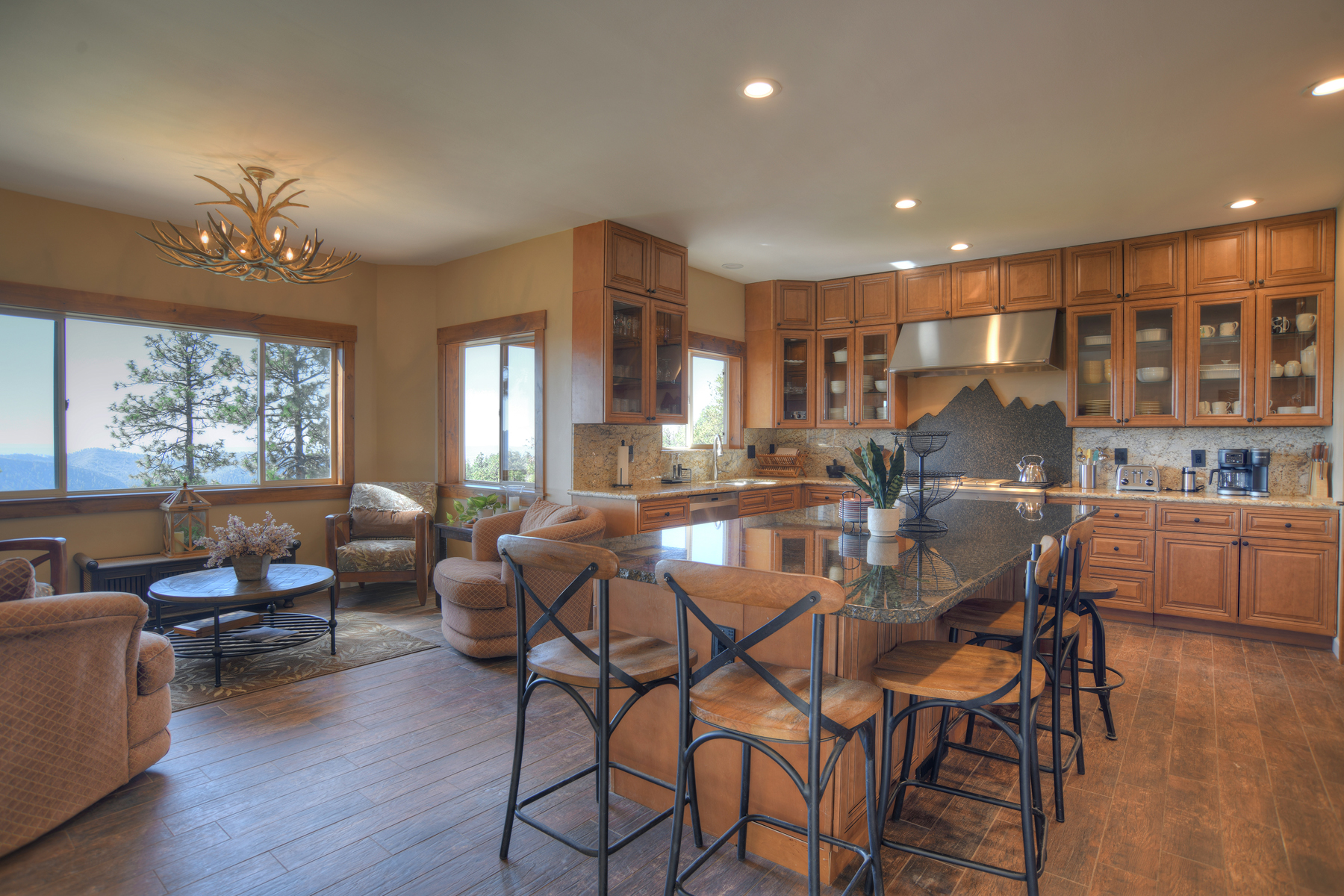 Fully stocked kitchen and seating area