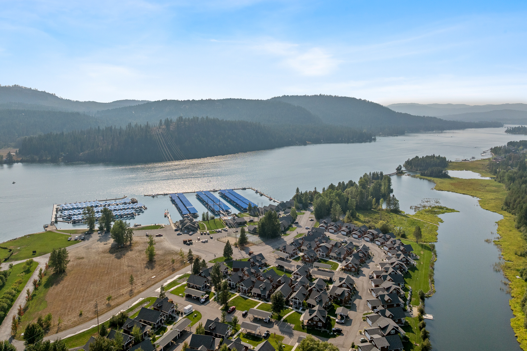 Bird''s-eye view of our property''s prime location – with Lake Pend Oreille and the community marina just steps away.