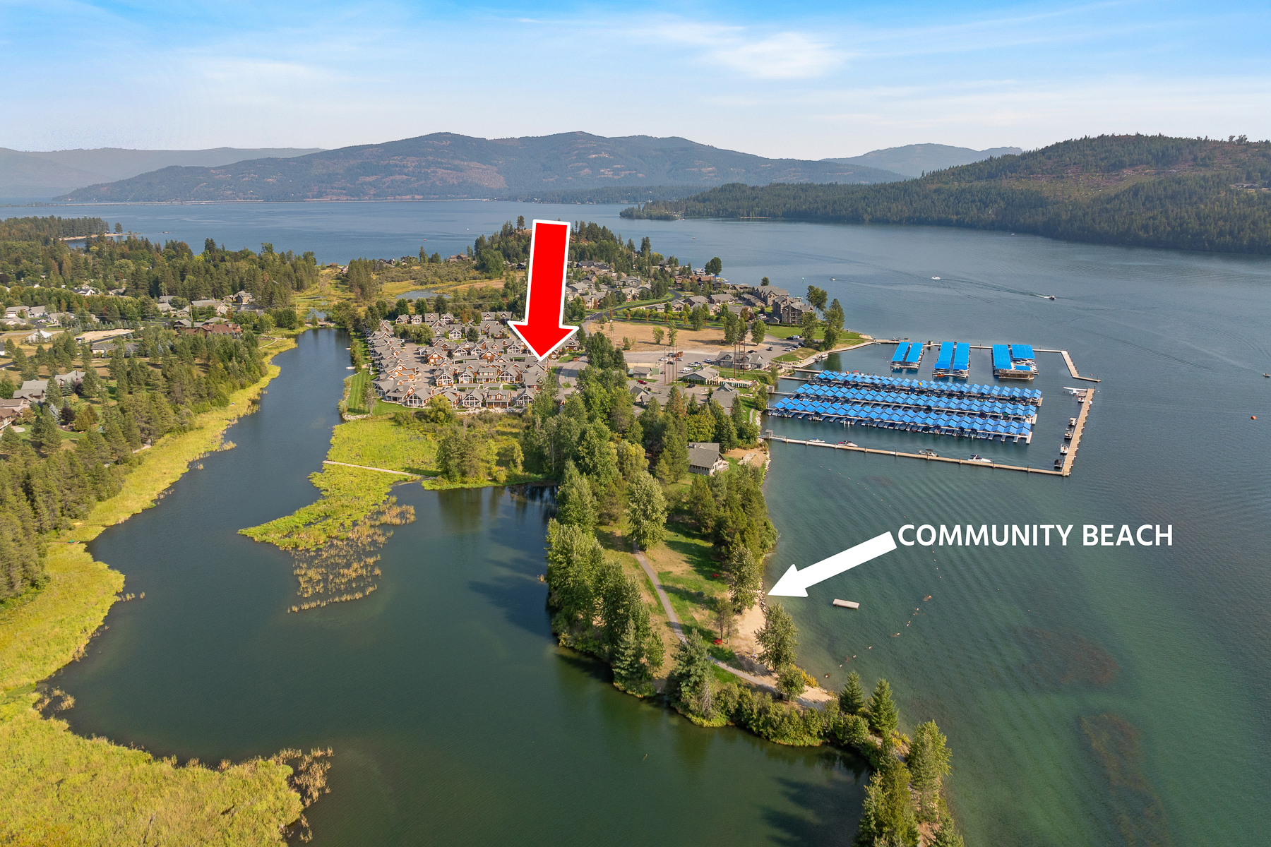 Bird''s-eye view of our property''s prime location – with Lake Pend Oreille and the community marina just steps away.