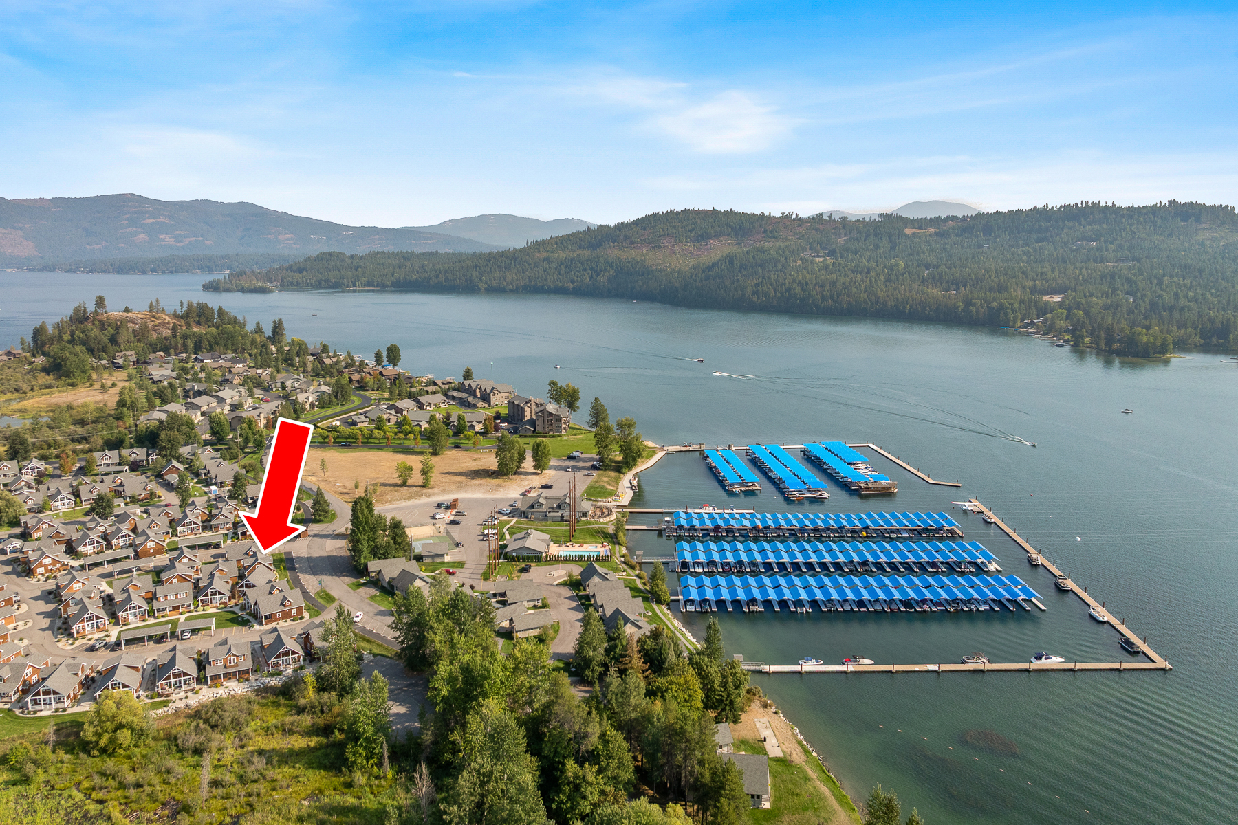 Bird''s-eye view of our property''s prime location – with Lake Pend Oreille and the community marina just steps away.