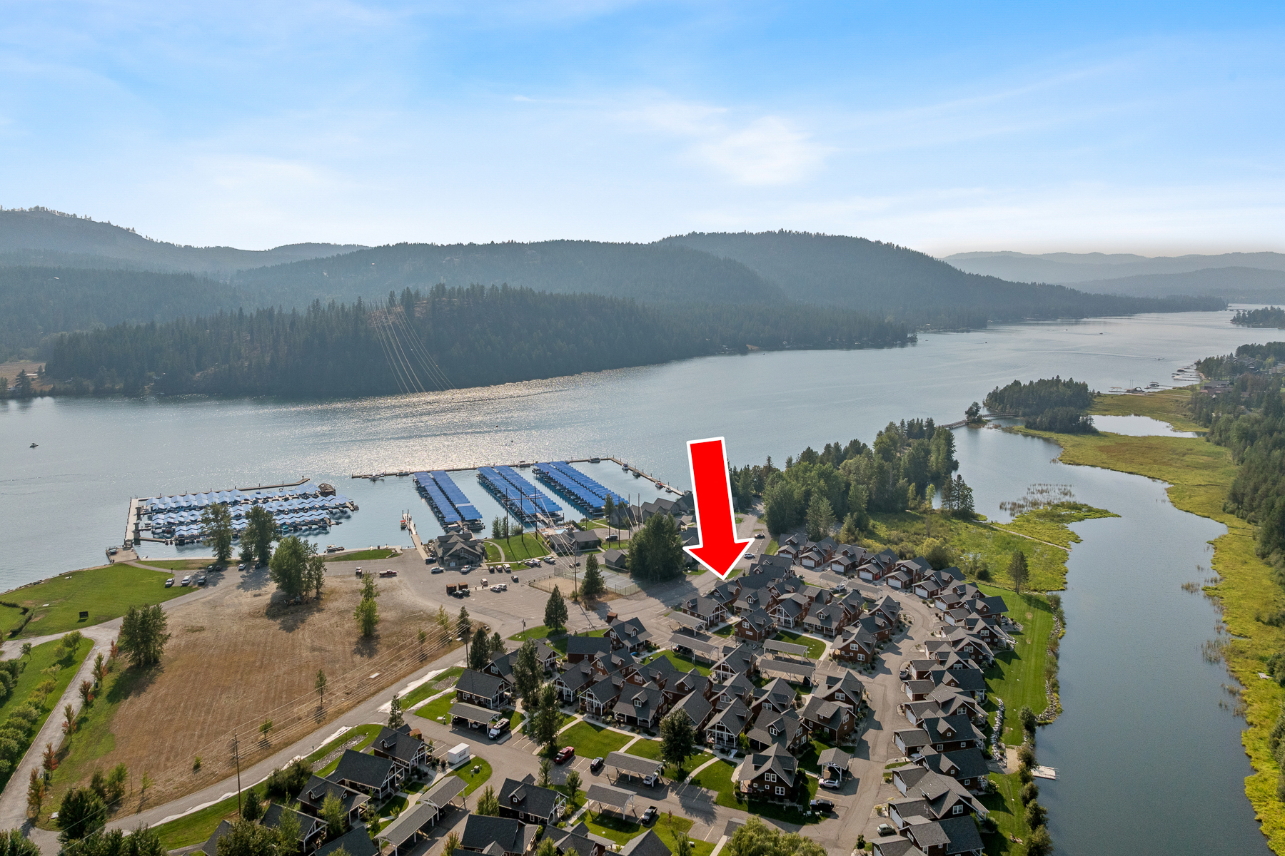Bird''s-eye view of our property''s prime location – with Lake Pend Oreille and the community marina just steps away.