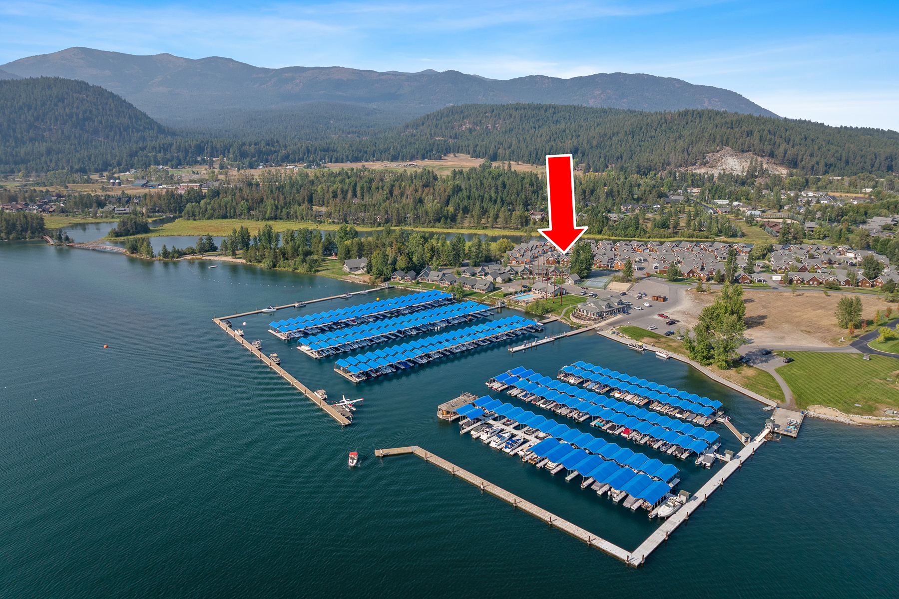 Bird''s-eye view of our property''s prime location – with Lake Pend Oreille and the community marina just steps away.
