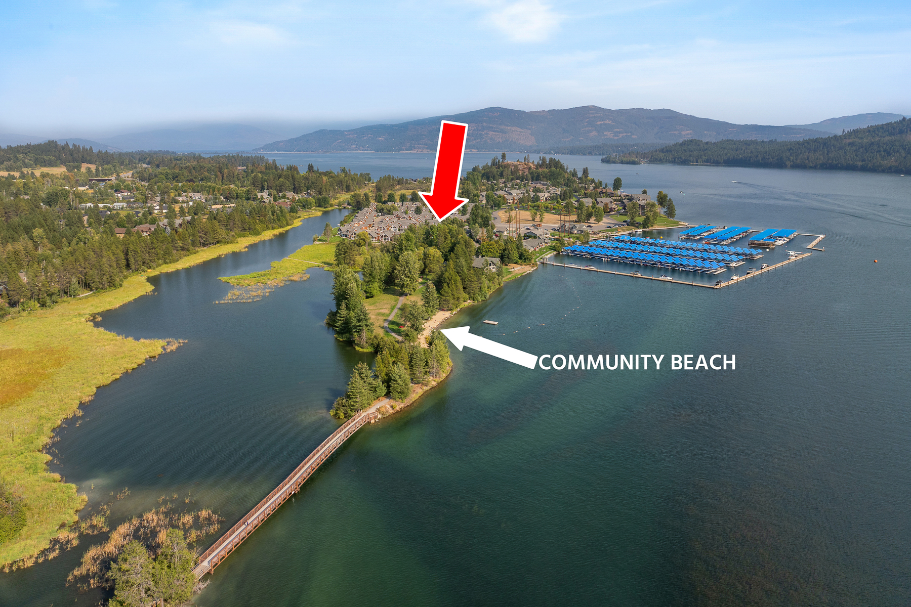 Bird''s-eye view of our property''s prime location – with Lake Pend Oreille and the community marina just steps away.