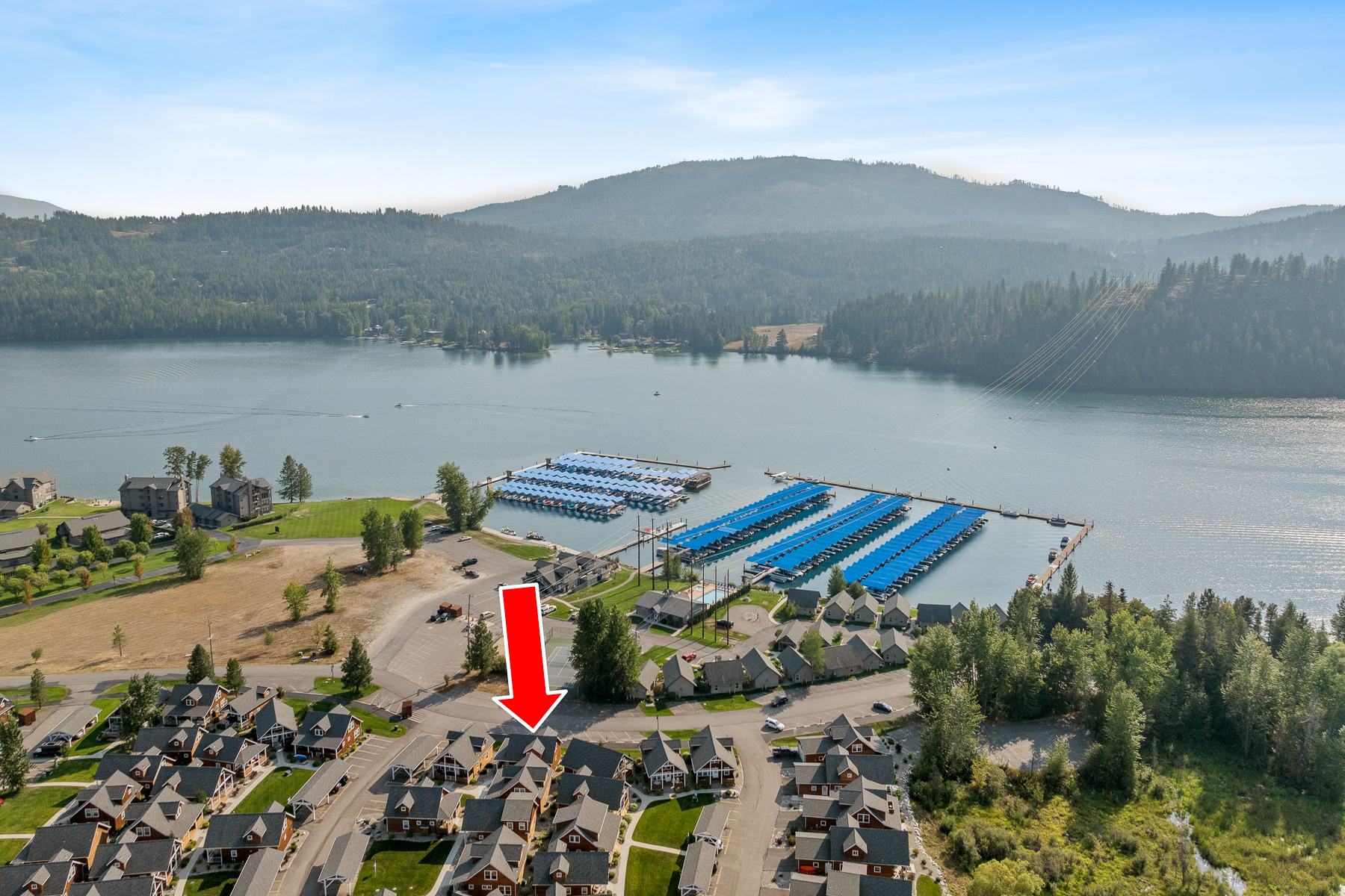 Bird''s-eye view of our property''s prime location – with Lake Pend Oreille and the community marina just steps away.