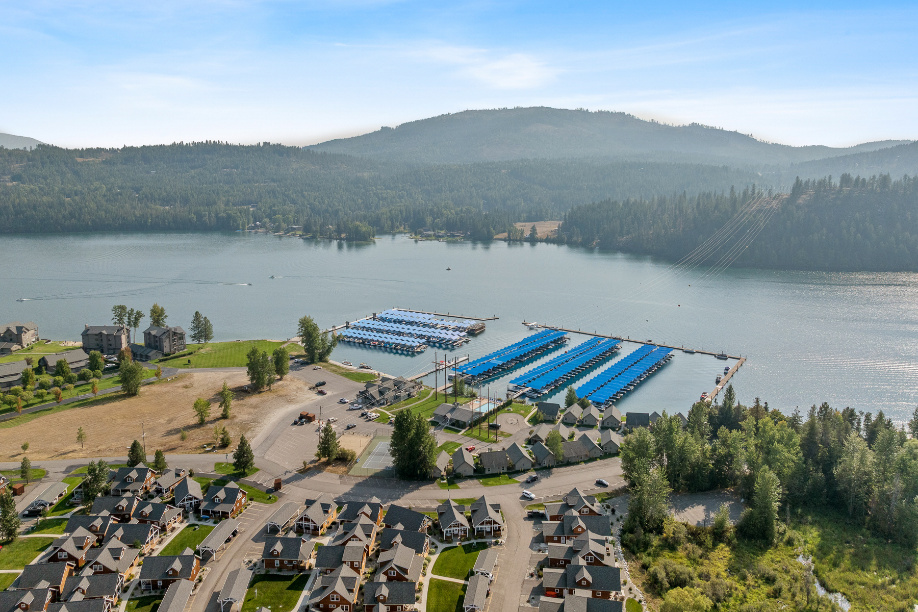 Bird''s-eye view of our property''s prime location – with Lake Pend Oreille and the community marina just steps away.