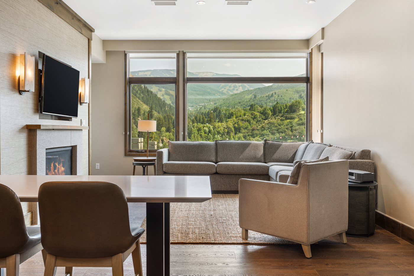 Open concept dining and living room area. 