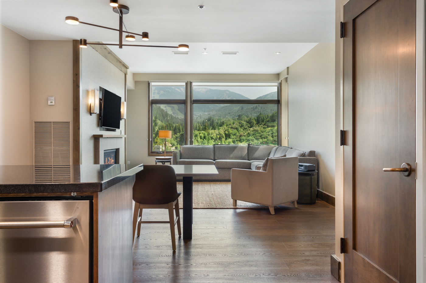 Open concept dining and living room area. 