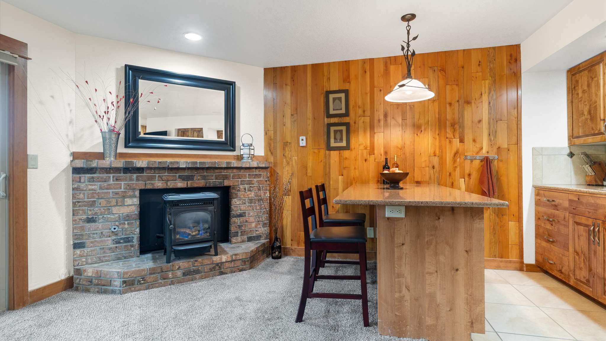 Brick has stove fireplace. 