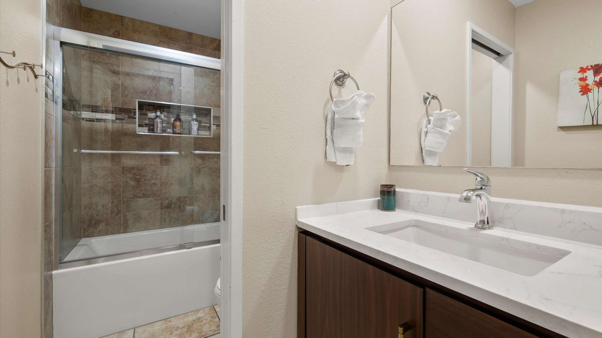 New tiled shower and countertop.