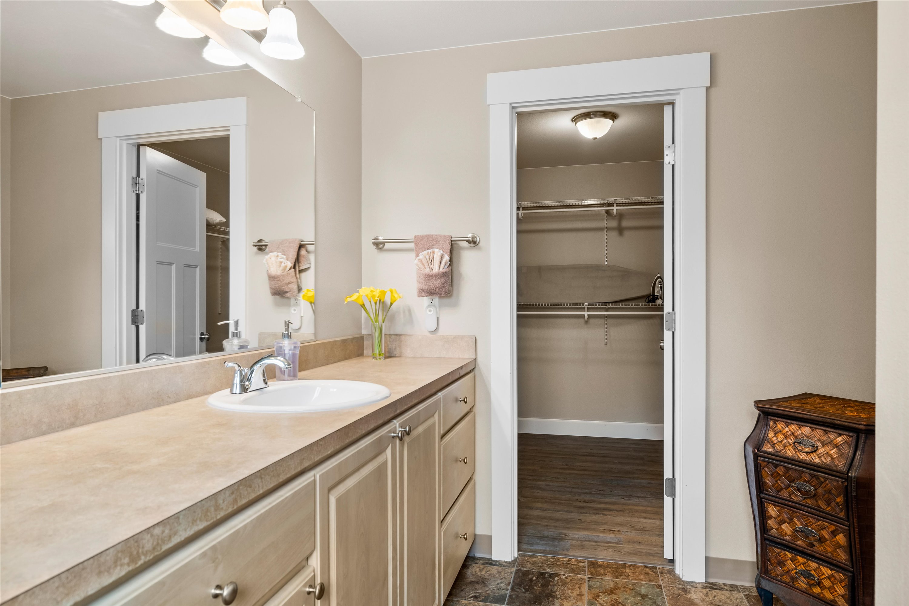 King master suite main bathroom with a walk-in closet. 