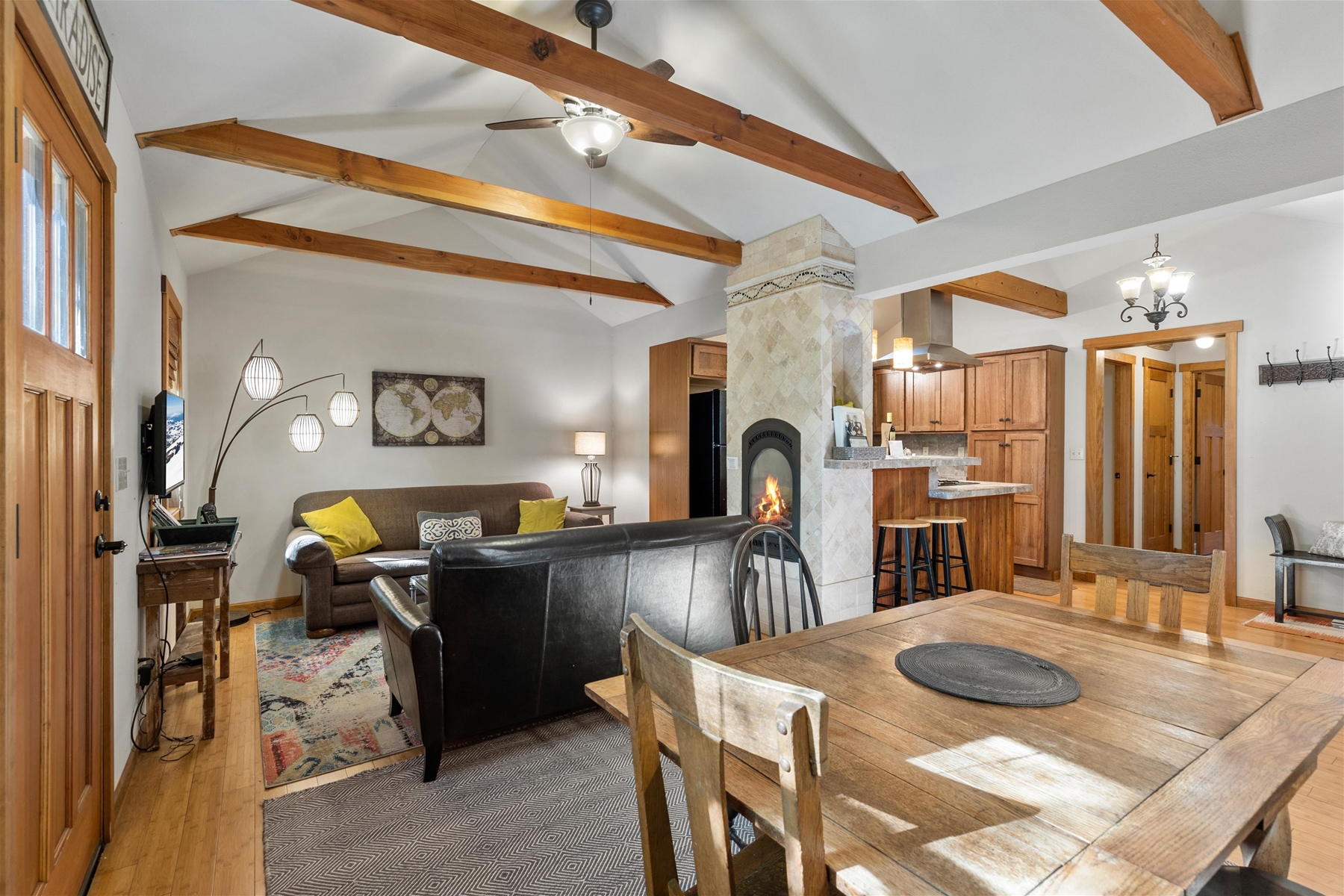 Open and bright living room and dining area. 