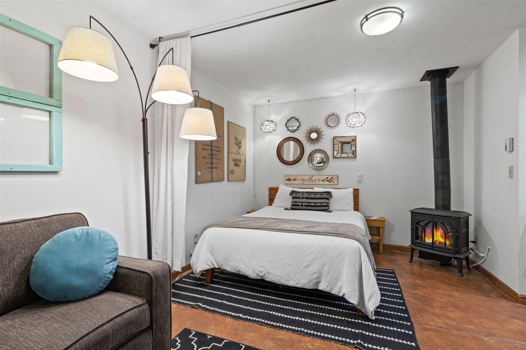 Relax and recharge in this cozy queen bed.